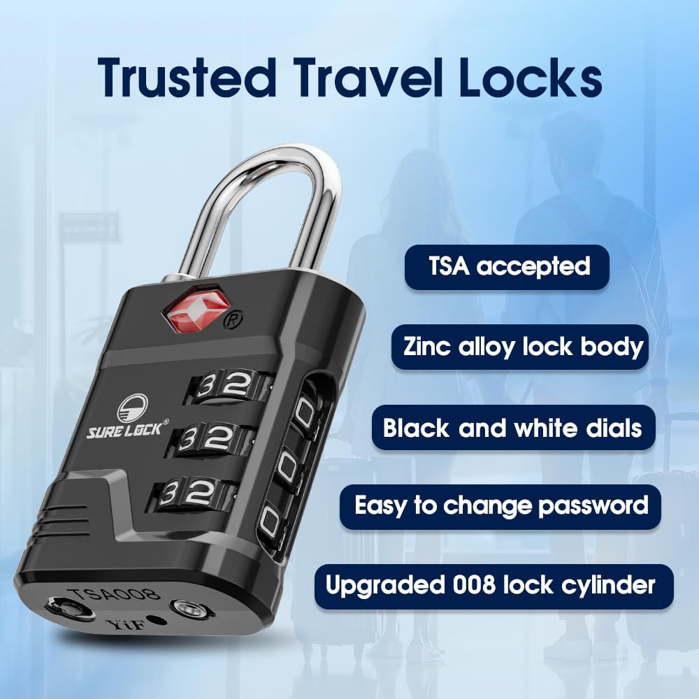 SURE LOCK TSA Approved Luggage Lock – 3-Digit Resettable Combination Padlock with Open Alert Red Dot, Large Easy-Read Dials for Suitcases, Backpacks, Gym & School Lockers(Black 6 pk)