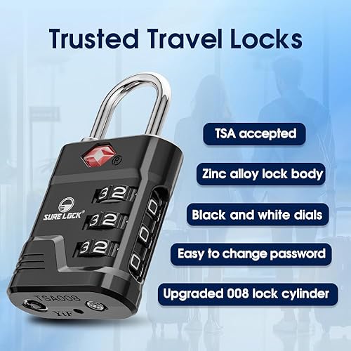 Vista 3 de SURE LOCK Cerraduras TSA para equipaje, cerraduras de equipaje aprobadas por la TSA con alerta abierta, llave 008 para alta seguridad, diales