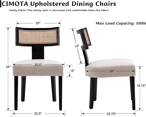 Miniatura 2 de CIMOTA Upholstered Rattan Dining Chairs Set of 2 Mid Century Modern Kitchen  Dining Room Chairs Linen Farmhouse Armless Side Chair with Black Wood