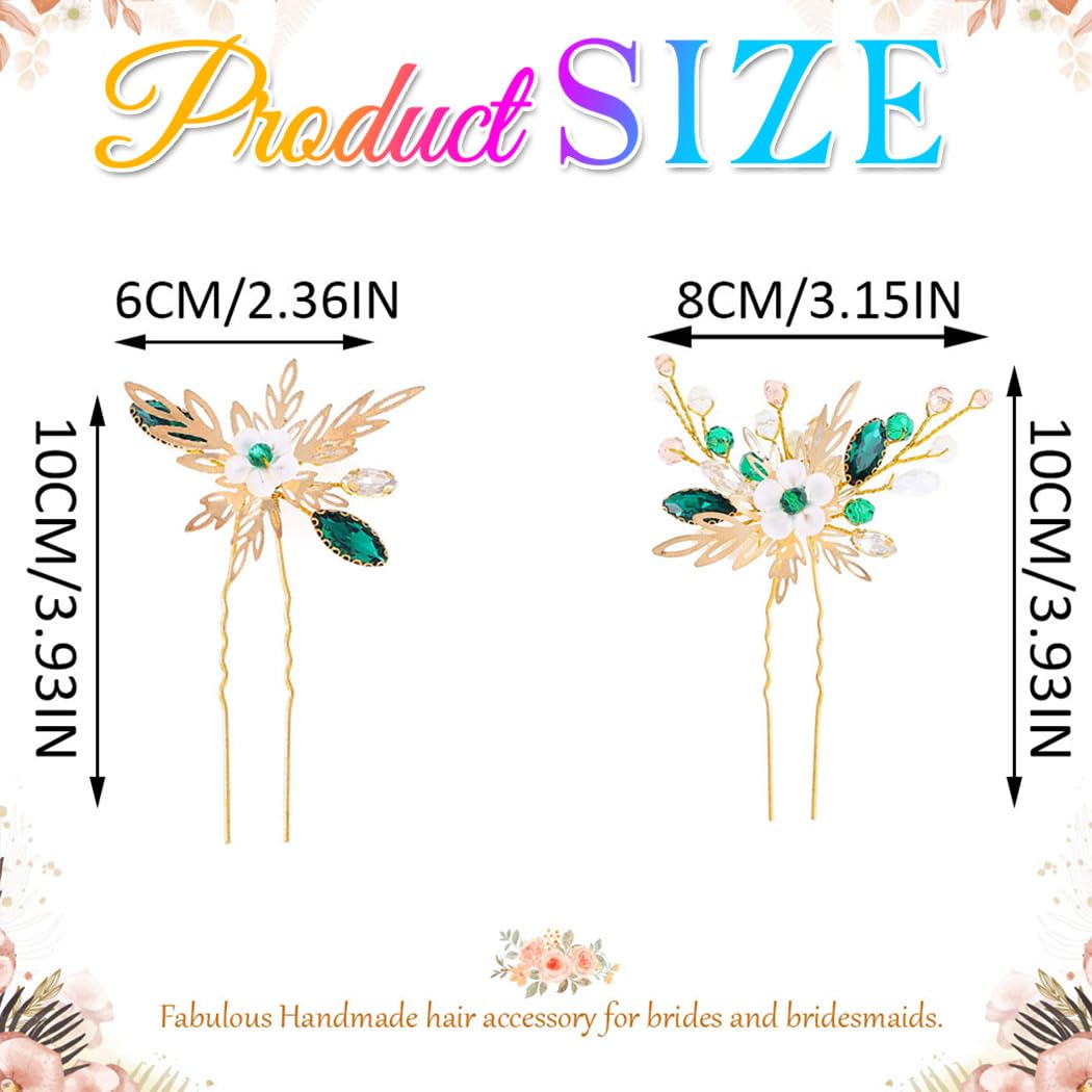 Heread Flower Bride Wedding Hair Pins Gold Leaf Bridal Hair Pieces Green Crystal Hair Accessories for Women and Girls - Image 7