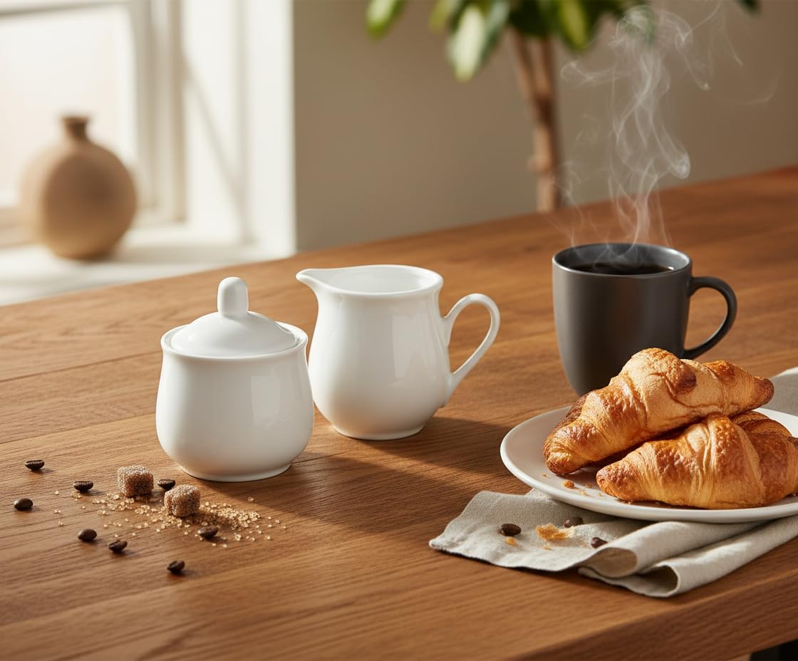 Provance Juego de 3 piezas de porcelana para leche y azúcar con tapa, jarra de leche, azucarero, recipiente para leche y azúcar, utensilios de cocina, mesa cubierta