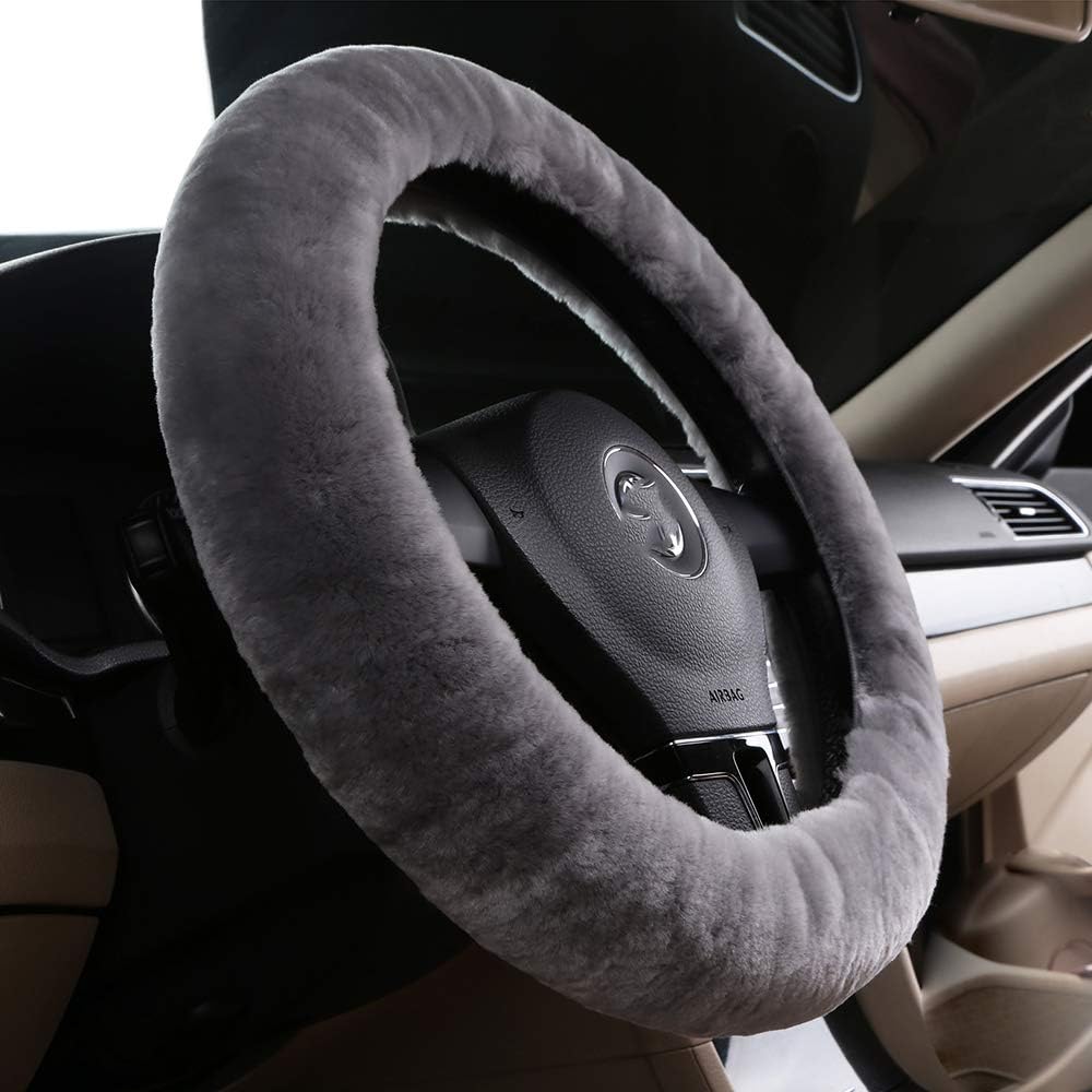 Fluffy Wool Car Steering Wheel Cover Genuine Sheepskin Steering Wheels Interior Accessories for Women Anti-Slip Universal for 15 inch (Gray)