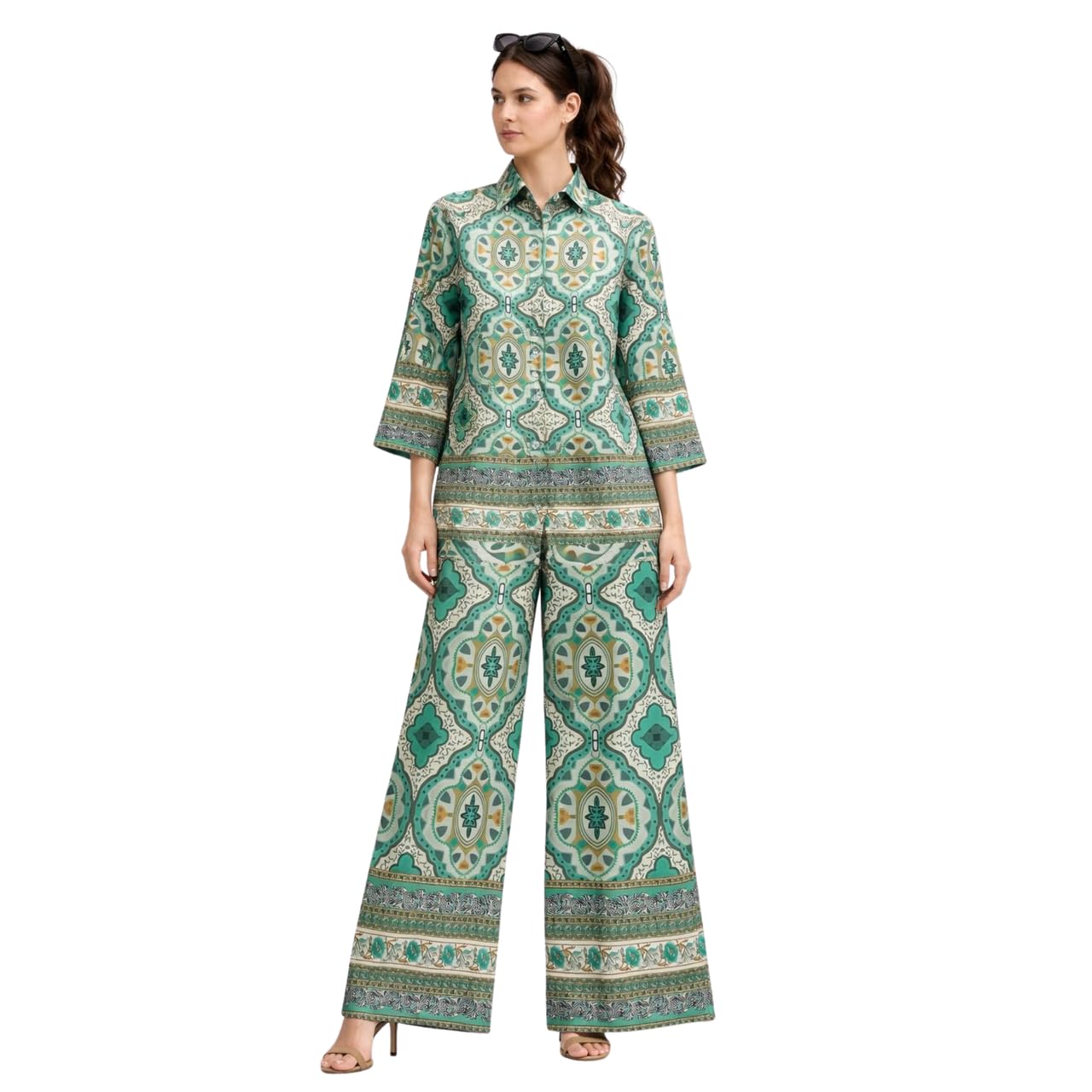 Women's Cotton Blend Collared Co-Ord Set with Palazzo Pants | Green-picture-49