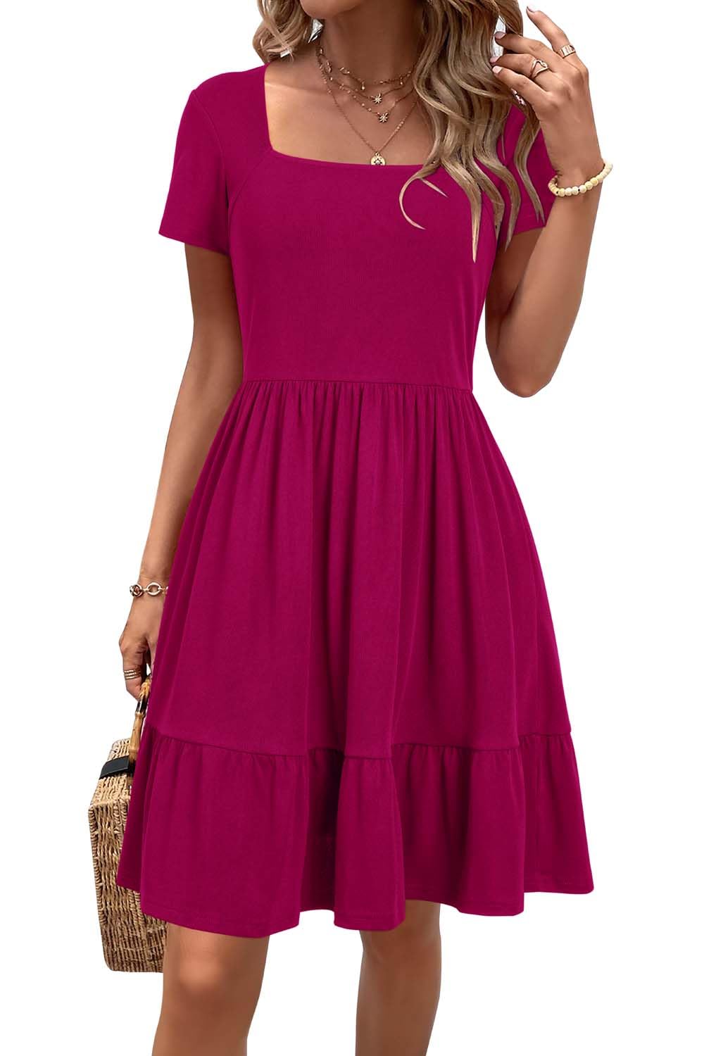 Newshows Sommerkleid Damen Knielang Sommer Kurzarm Kleid Quadratischer Ausschnitt Elegant Strandkleid Mit Taschen