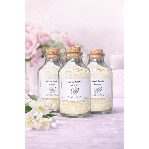 Kit 3 Sais de Banho Jasmim, Sais Relaxantes para Banho, Escalda Pés, em Frasco de Vidro com Rolha