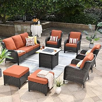 Alternative view of XIZZI Outdoor Furniture Patio Furniture Set 8 Pieces All Weather Wicker Patio Conversation Set with Gas Fire Pit Table and 2 Ottomans for Garden,Backyard and Deck,Brown Wicker Orange Red