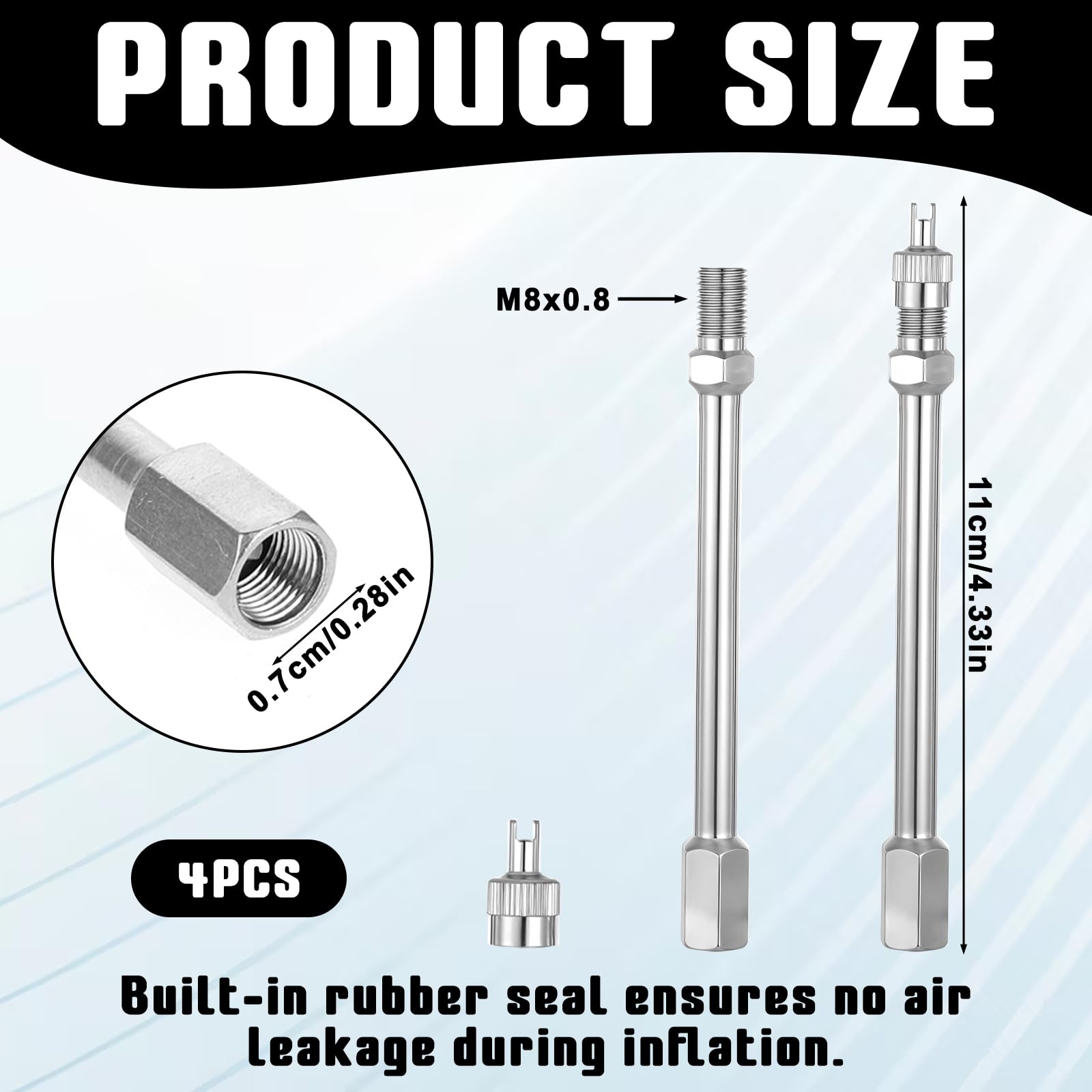 4.3 Inch Tire Valve Extender, 110 mm Valve Stem Extension Long Brass Universal Flexible Auto Wheel Tire Stem Adapter Air Extension for Car, Motorcycle, Truck, Bike (4 Pcs, Silver)