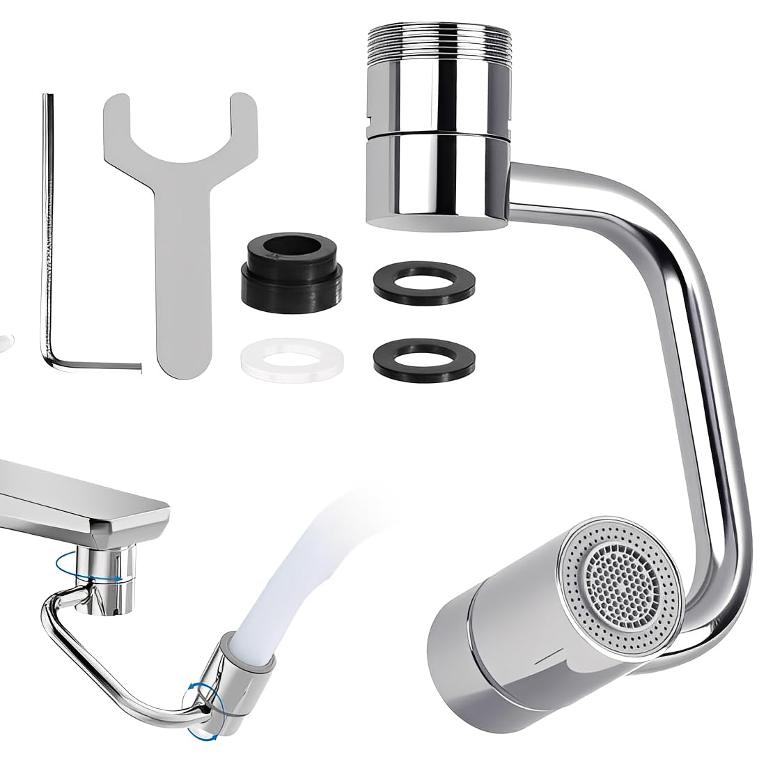 Rubinetto Rotante 1080 Gradi, Prolunga Rubinetto Allungabile con Rotazione, Snodo per Estensione Lavandino Cucina in Ottone, Areatore Rompigetto con Filtro Antispruzzo, Con chiave inglese