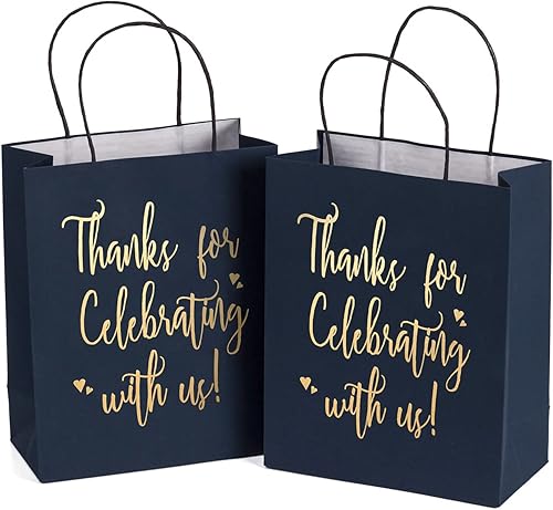 LaRibbons - Bolsas de regalo medianas de papel con asas, en color blanco con dorado, con texto Welcome, para recuerdos de bodas, cumpleaños, baby