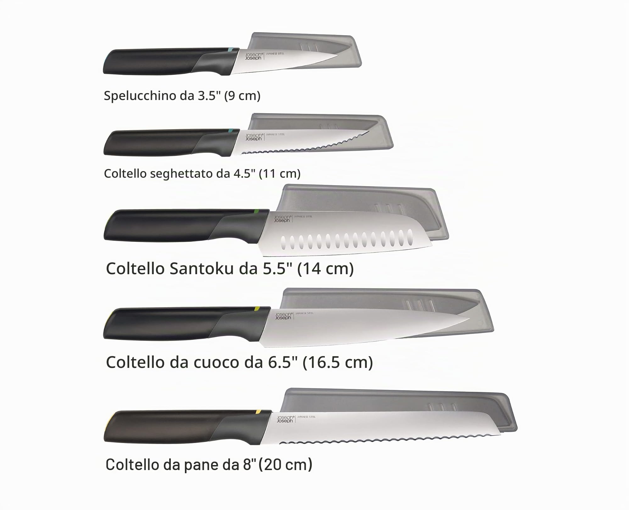 Joseph Joseph Duo Set di Coltelli da Cucina Professionali, Lama da 9-20 cm in Acciaio Inox Giapponese, con Coltello Santoku, Coltetto da Chef, con Guaina Protettiva, Manico Nero, 5 Pezzi