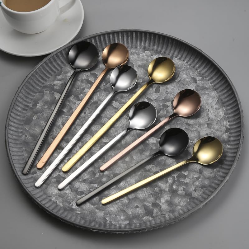 ONUIFIKE Silverware Set, 1/4/6/8 Pieces 304 Stainless Steel Small Round Spoons For Household Long-handled Dessert Coffee Stirring Spoons, Home Cutlery Flatware Set(Silver,6 Pieces)