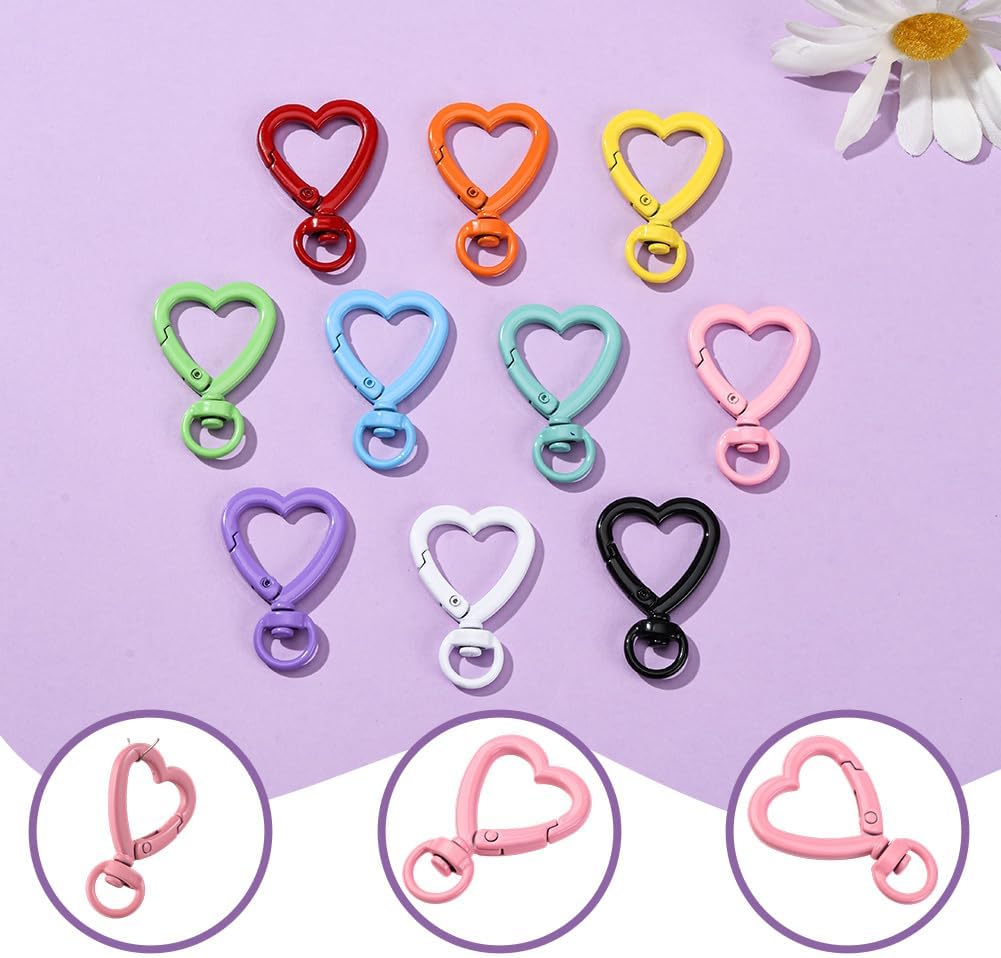 SUNNYCLUE 1 Box 20Pcs 10 Colors Heart Shaped Keychain Hook Heart Spring Clasp Bulk Metal Alloy Spring Swivel Clasps Rings Snap Buckle Cute Keychain Findings for Key Ring Clip DIY Crafts Jewelry Making - Image 3