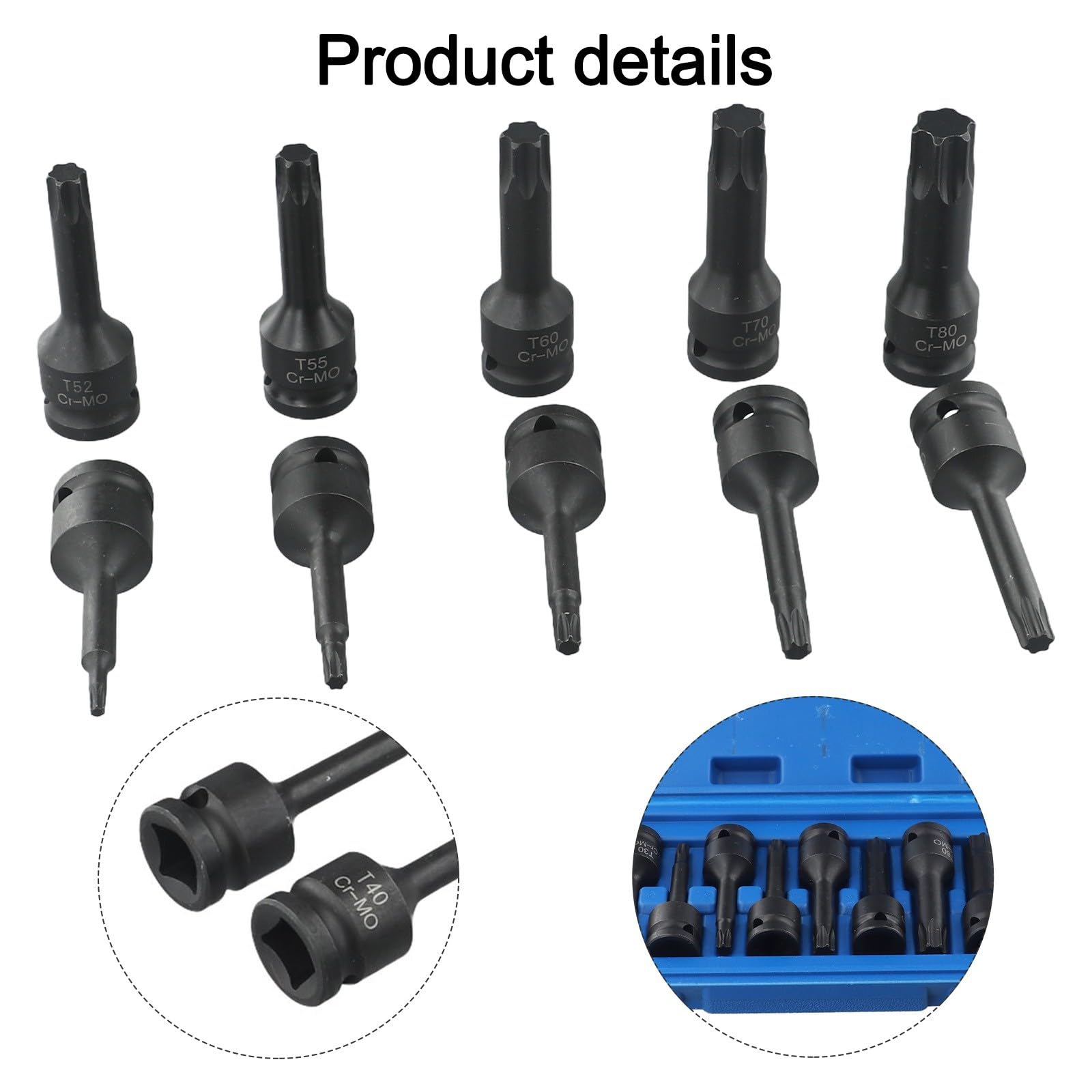 Set di 10 chiavi a bussola Torx da 1/2 pollici, T20 a T80, in acciaio cromato, in scatola di plastica