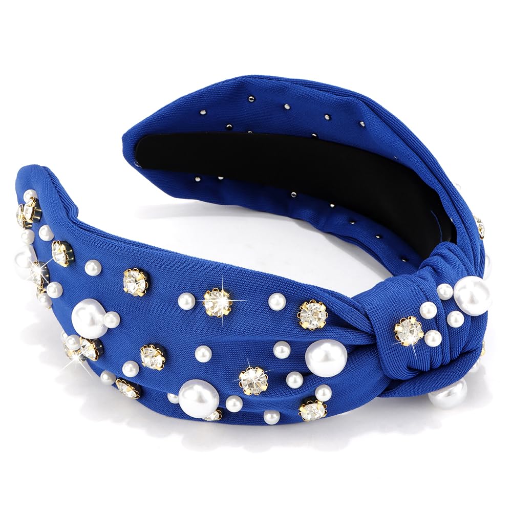 Exacoo Blue Headband Pearl Headband Rhinestone Knotted