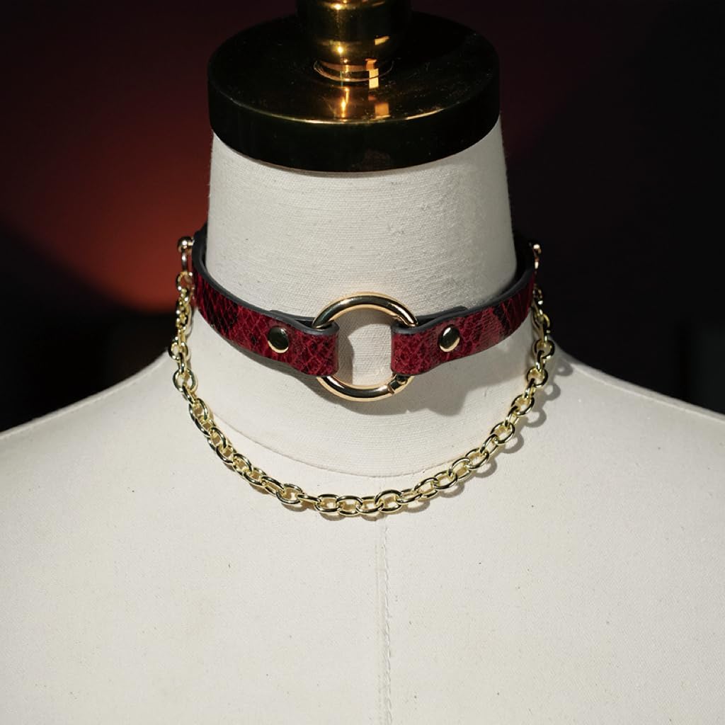 Red Snakeskin Leather Choker Necklace with Gold Chain – Gothic Punk Adjustable Women’s Collar - Image 6