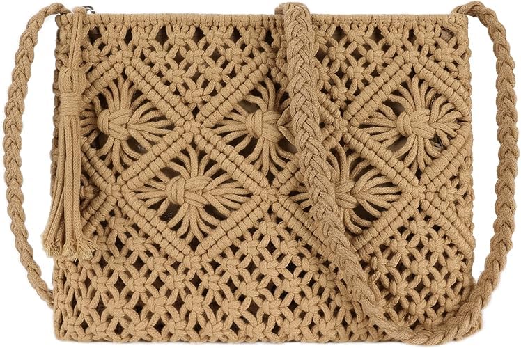 PARAHWomen Beach Shoulder Bag Woven Crossbody Bag Cotton Crochet Handmade Satchel Handbag Purse Bag for Summer