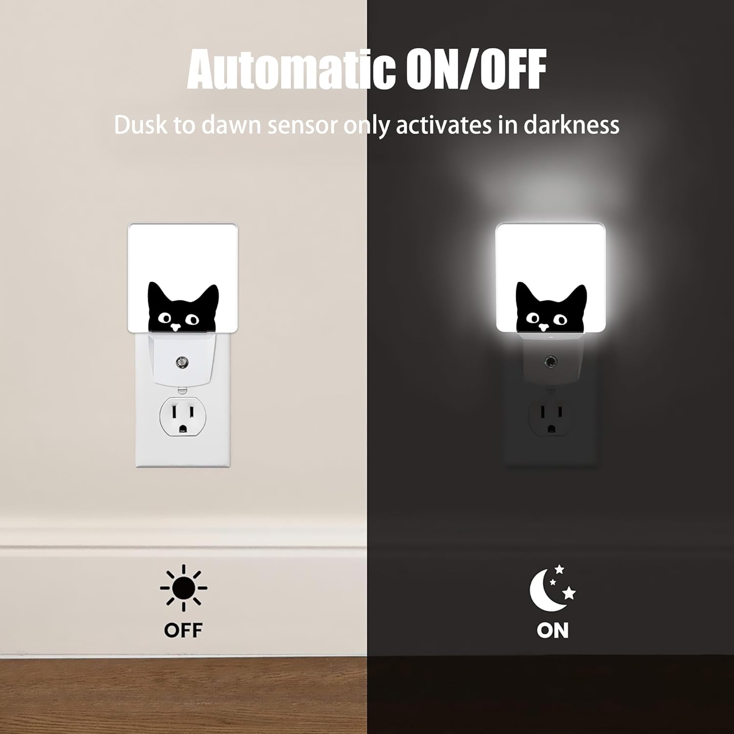 Black Cat Cute Dusk to Dawn Night Light, Auto Sensor Lamp Home Indoor Stairway Kitchen Corridor, Night Lights Plug into Wall Decor, Boys Girls Women Men Room Gifts
