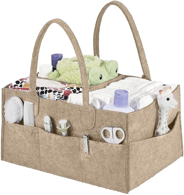 Esoes Diaper Caddy Organizer, Baby Diaper Caddy, Nursery Storage Basket Bin and Car for Diapers and Baby Wipes, Nappy Bags for Mom Toys Storage for Child (Beige)