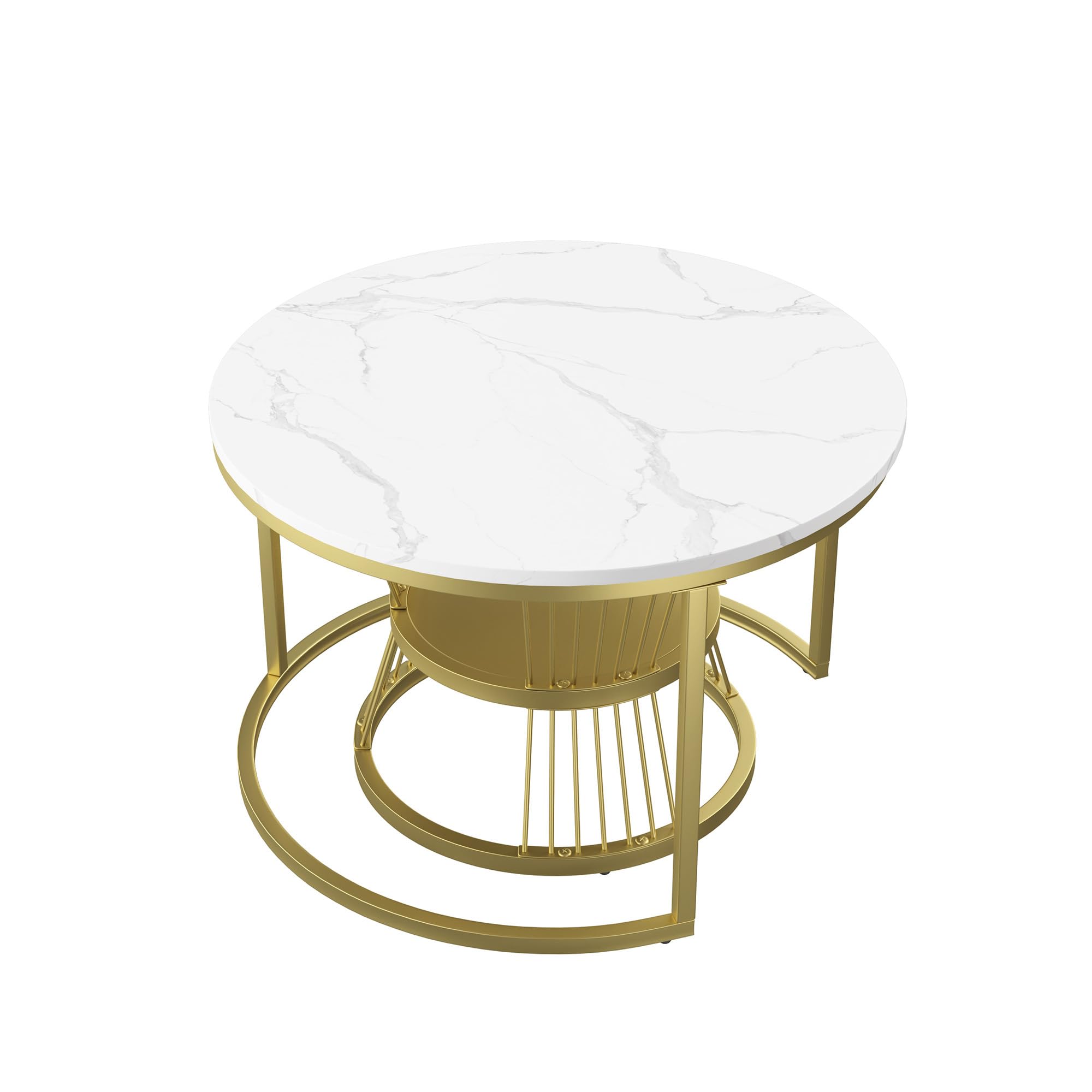 Juego de 2 mesas bajas redondas, conjunto moderno de mesa gigogne de diseño de mármol, con espacio de almacenamiento, marco de metal, para sofá, sala de estar, dormitorio (dorado A, 70 x 70
