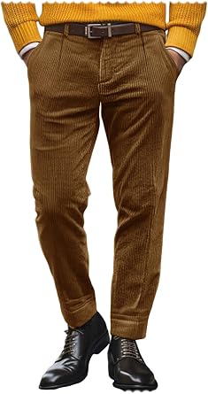 Mens Casual Pants Flat Front Vintage Corduroy Trousers with Pockets