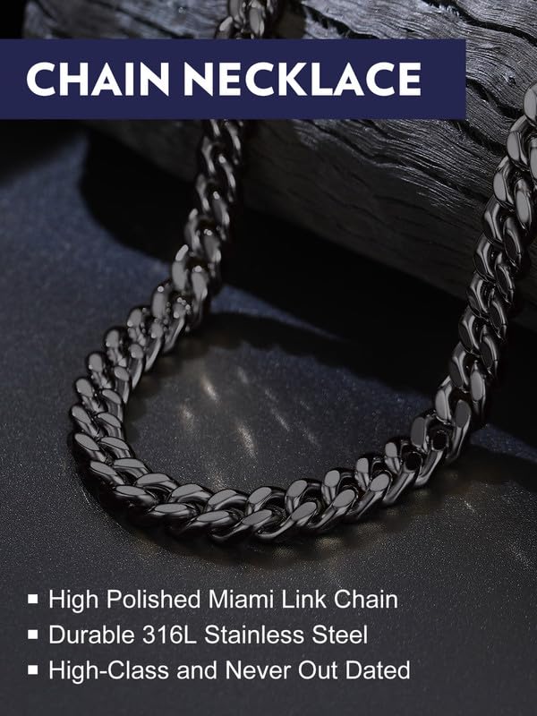 Bandmax Mens Stainless Steel Chain Necklaces 5/7/9/12 MM Chunky Miami Cuban Link Chain Necklace Bracelet Silver/Gold/Black Chains for Men 18"-30"4