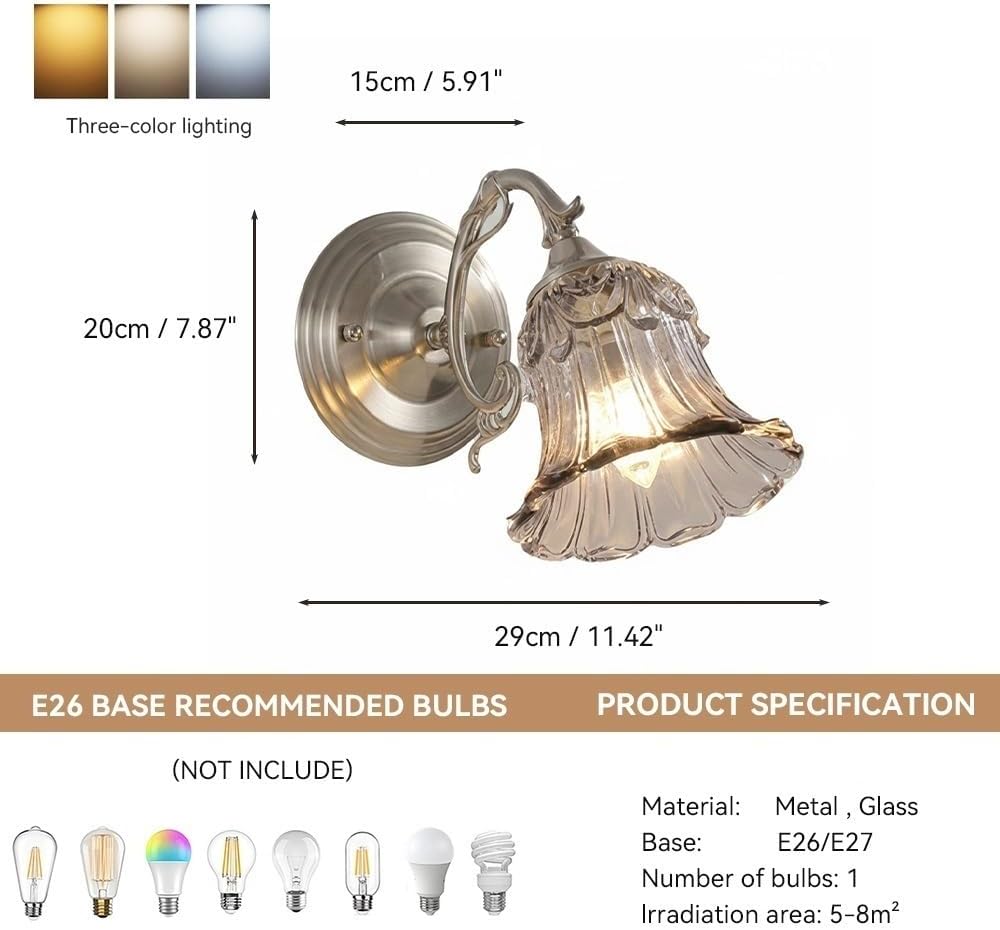 Italian Style Wall Sconce,Vintage Clear Fluted Glass Bell Shade Bedside LED Wall Lamp with Elegant Iron Arm,Cottagecore Floral Vanity Lighting for Bedroom,Hallway,7.87" Parlor