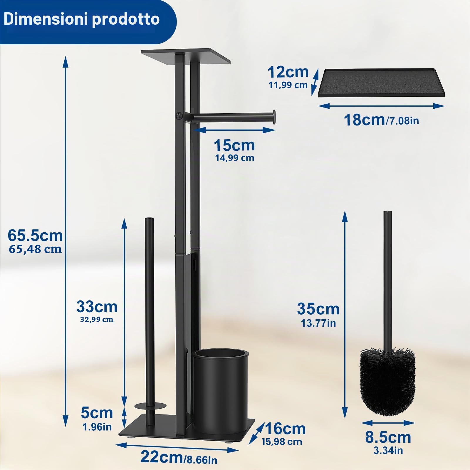 susswiff Porta carta igienica inox da appoggio con scopino - con scatola salviettine umidificate, ripiano in vetro (nero opaco)