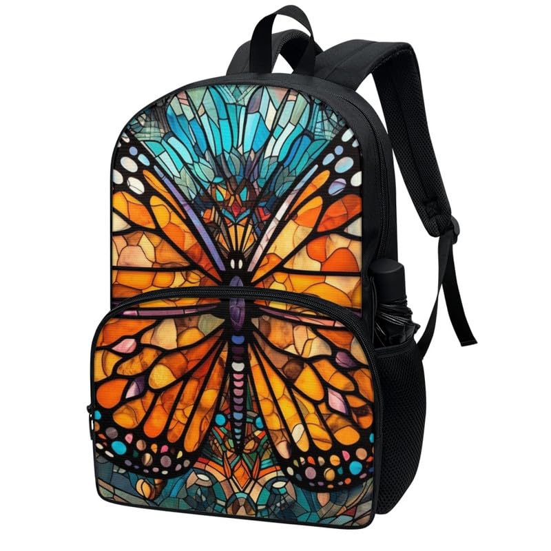 Stained Glass Monarch Butterfly Girls Daypacks 17" Yellow Mandala Butterflies Print College Backpacks Boho Geometric Arts Youth Bookbag Middle School Schoolbag2