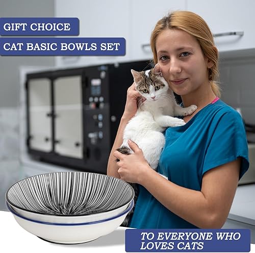HAPPY KIT 2pcs Little Cat Bowls,5Inch Cat Food Bowl for Indoor Cats,Cute Kittens Plate/Dish/Dishes Set with Non-Slip Relief of Whisker Fatigue for Kitten - Microwave and Dishwasher Safe(Stamen&Line)