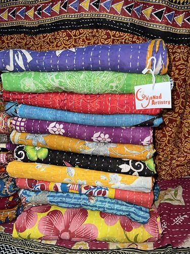 5 Piece Set Handmade Indian Vintage Kantha Quilts Reversible Bohemian Home Decor Blanket Bed Sheet Quilt for Sale – Assorted Color Twin Size 85X55 Inches