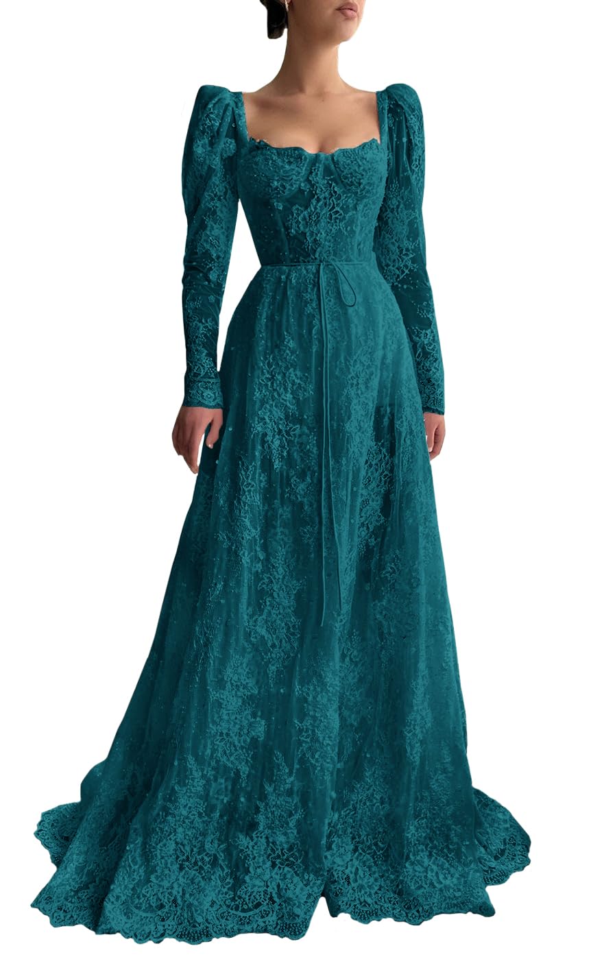 SHLFETWLUA Long Sleeve Prom Dresses 2025 Lace Applique Tulle Long Party Dresses for Women