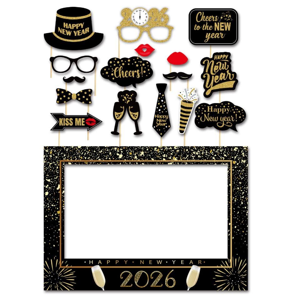 SWYOUN Glitter Happy New Year's Eve 2026 Party Photo Booth Props Supplies with Photo Frame(Pack of 17)