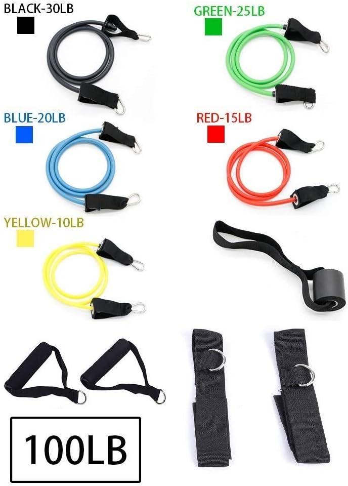 Resistance Band Set 11pcs ,Workout Bands Include 5 Exercise Bands, Door Anchor, Foam Handles, Carrying Bag for Resistance Training , Physical Therapy, Home Workouts-Stackable Up to 100lbs