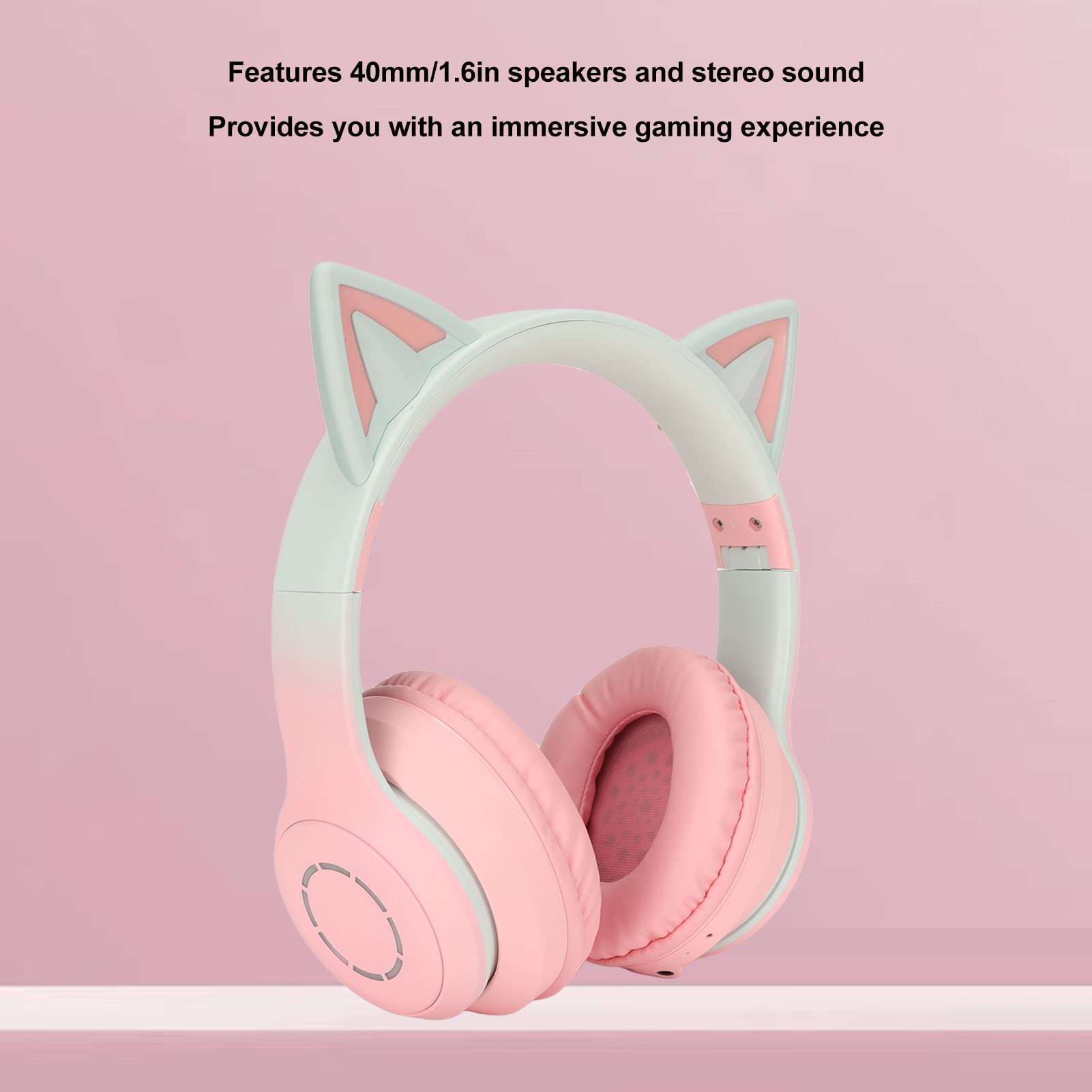 Septpenta Casque de Jeu Bluetooth Cat Ear, 7 Couleurs LED 4 Modes D'éclairage Type C Casque de Musique Pliable sans Fil, Haut-Parleur de 40 mm et Son Stéréo Clair Micro Détachable pour Le Jeu(Rose)