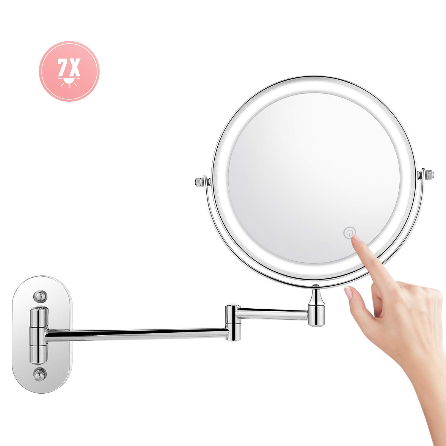 Himimi 7X Wall Mounted Makeup Mirror, Double Sided Swivel Vanity Mirror, Touch Button Adjustable Light, Stainless Steel, Shaving in Bedroom or Bathroom, 8 inch, 4 x AAA Batteries (not Included)