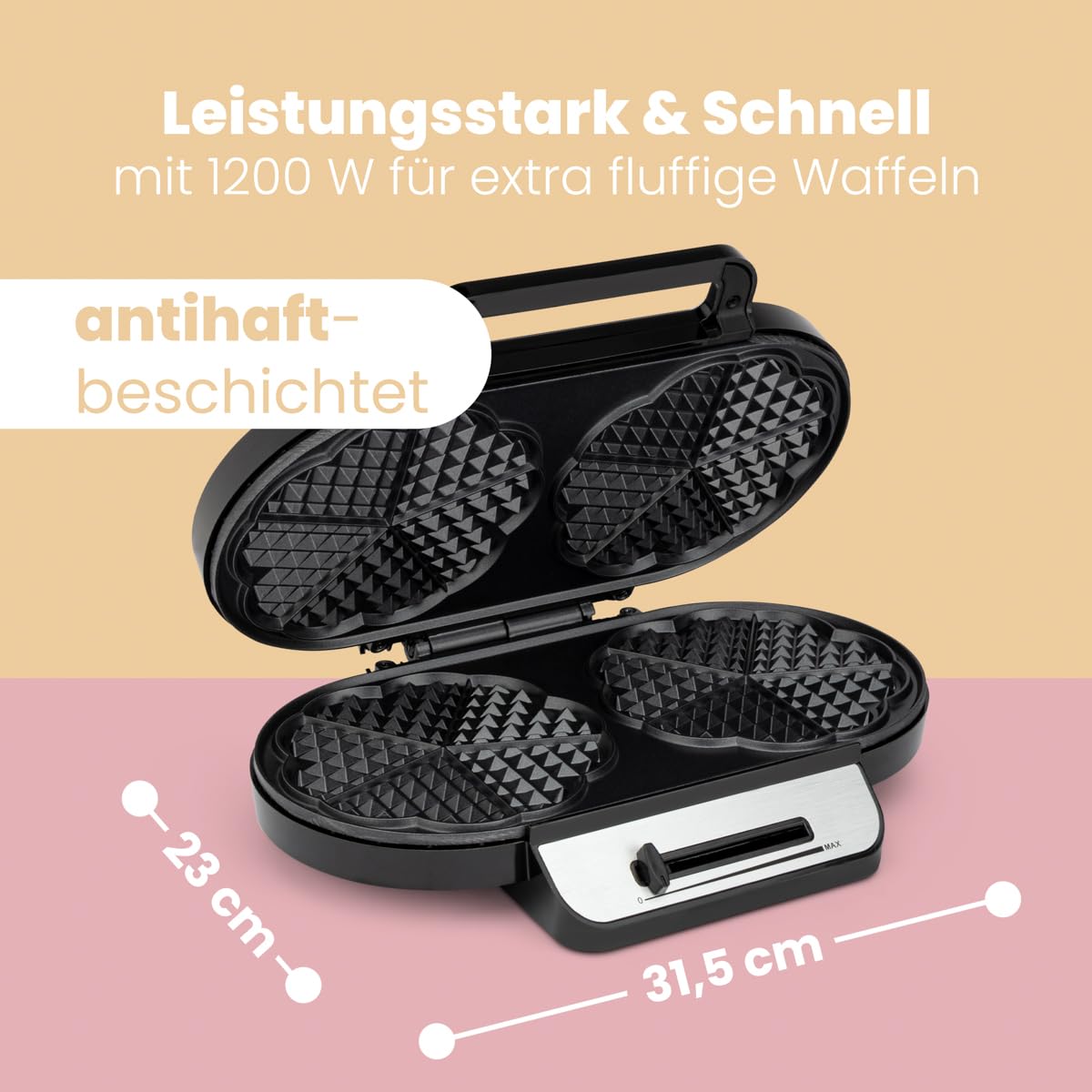 FOHERE 1200 W King Size wafelijzer, 15 hartwafels in 2 minuten, hartwafelijzer met 3 bakoppervlakken met antiaanbaklaag voor klassieke hartwafels, baklampen, roestvrij staal, ideaal voor familie en