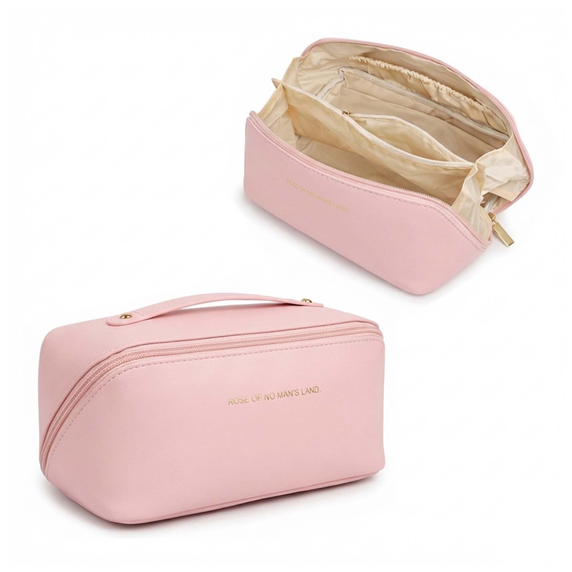 BRAND VILLA Makeup Bag Organizer Large Capacity PU Leather Cosmetic Travel Case with Handle, 180° Wide Opening, Multi-Compartment Toiletry Bag for Men and Women, Portable Unisex (Pink)-image-23