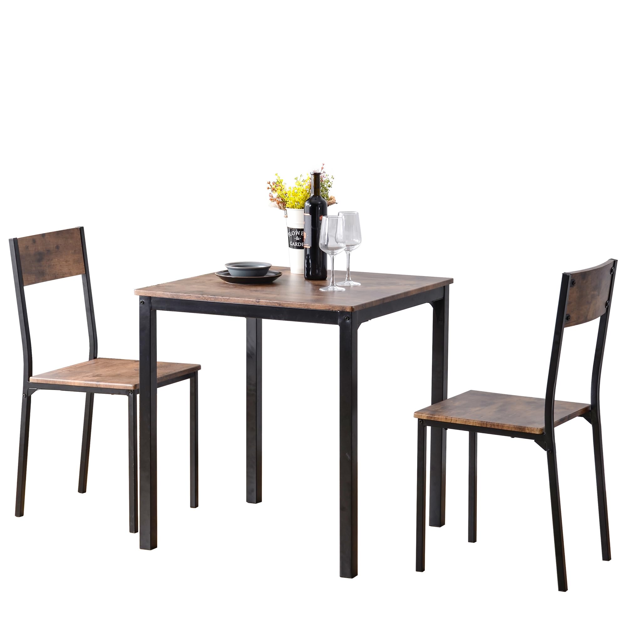 Mesa de comedor cuadrada de 70 cm de lado con 2 sillas de estructura metálica industrial café