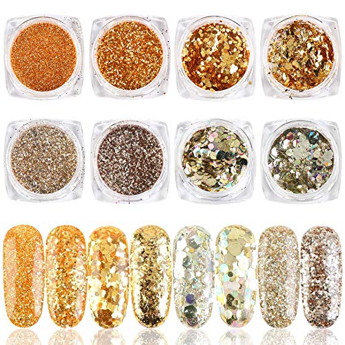 Holographic Nail Glitter Sequins Nail Art Supplies Gold Silver Nail Decorations Shiny Acrylic Nail Powder Dust Glitters Nail Accessories Sparkle Flakes Nail Glitters for Acrylic Nails Art (8 Boxes)