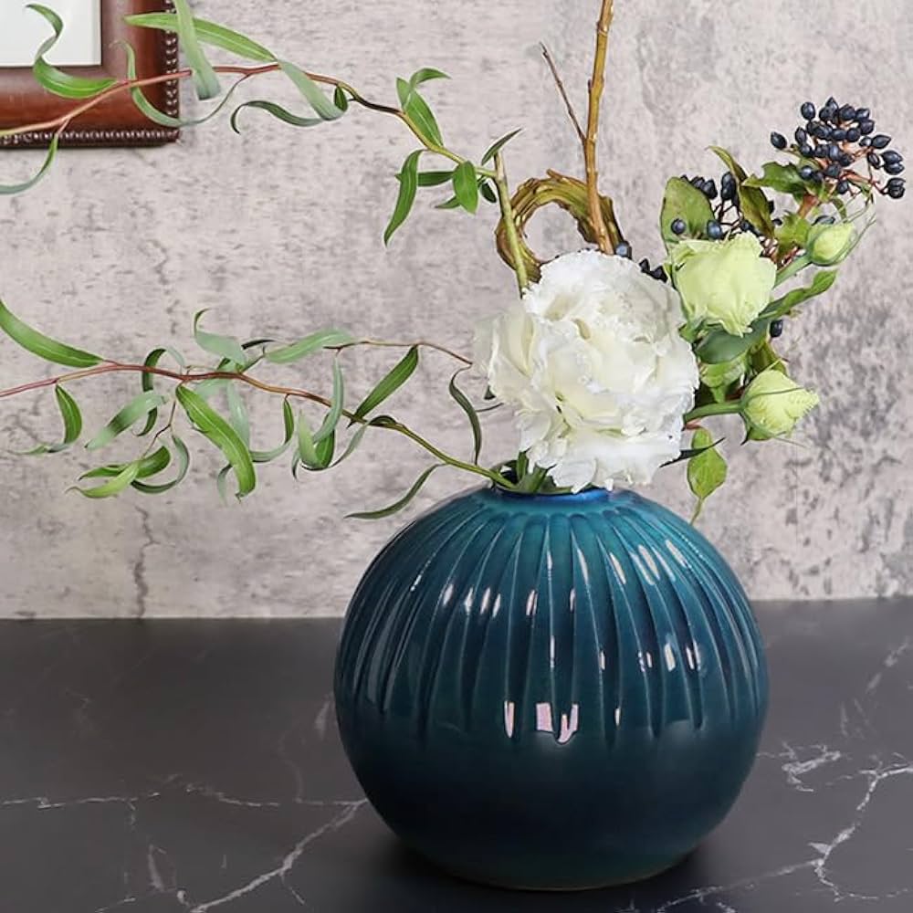 しがらき燒！花瓶の出品です。 Amazon.co.jp: しがらき焼 丸型花瓶 藍色 ブルー おしゃれ 陶器