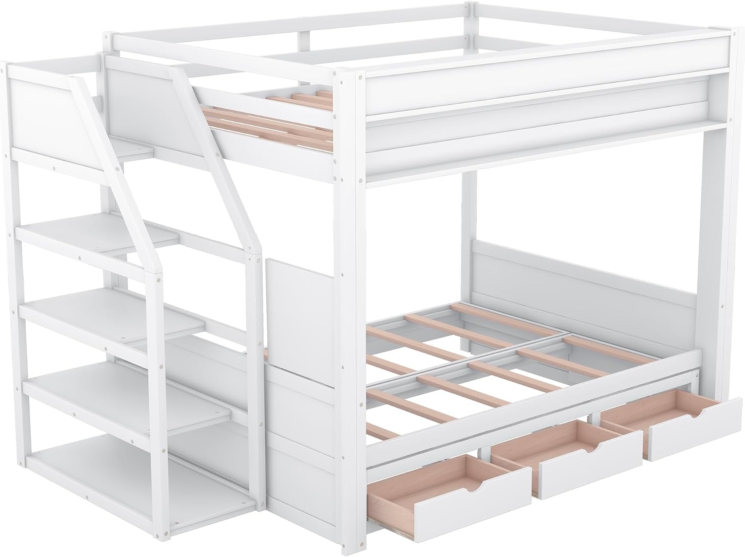 Wood Full Size Bunk Bed with Storage Stairway,Full Over Full Bunk Beds with Bedside Table and 3 Drawers, Bunk Bed with Converted into Daybed,No Box Springs Needed,White