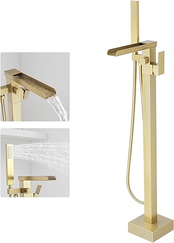 Miniatura 1 de Grifo de bañera independiente con cascada de oro cepillado, grifo de bañera de montaje en piso, grifo de bañera de una sola manija, grifos de ducha