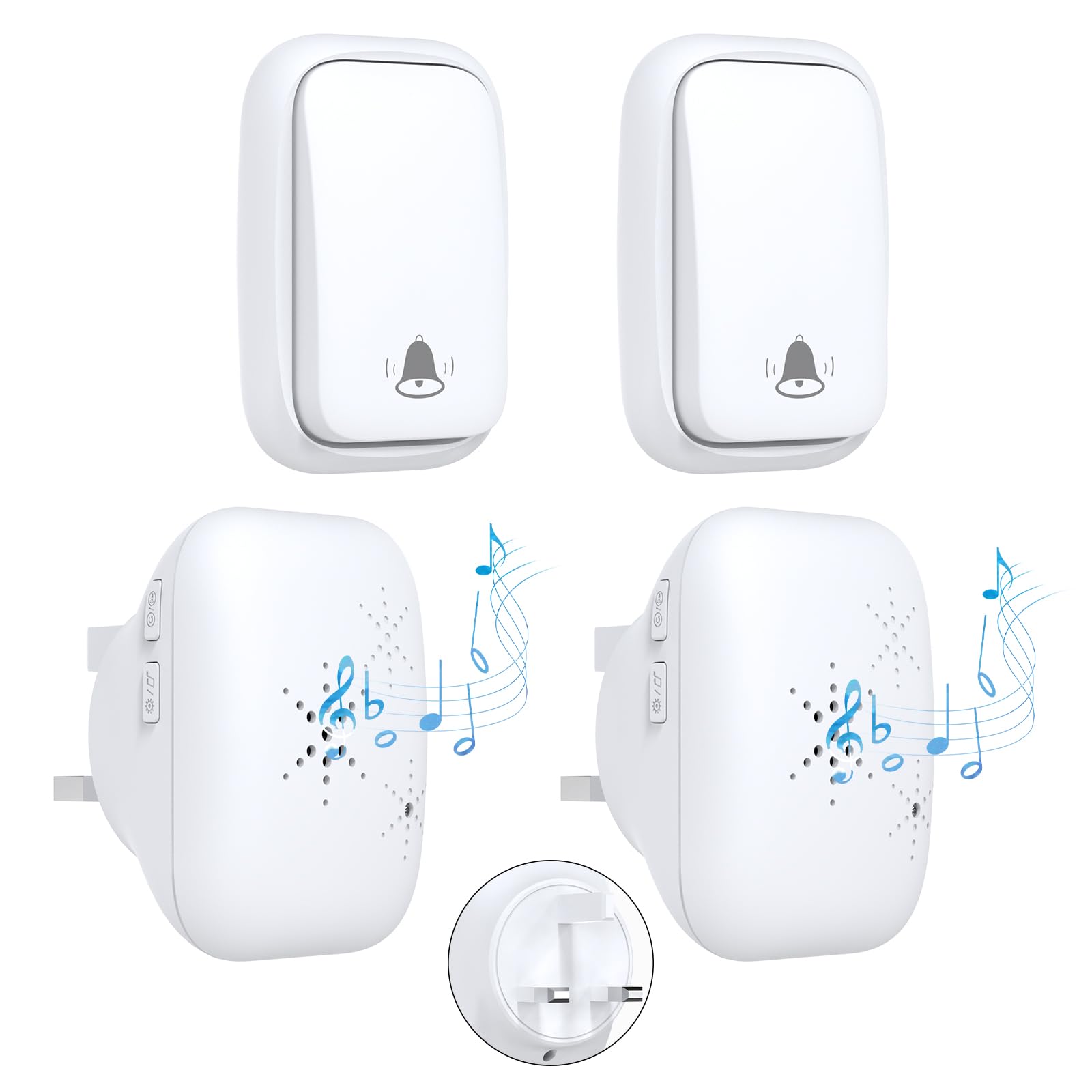 Cerhot UK Plug Self Powered Wireless Doorbell No Battery 150M Distance 38 Songs Door Bell Button Outdoor Doorbell Wireless Waterproof for Home School Office (UK 2V2 White B)
