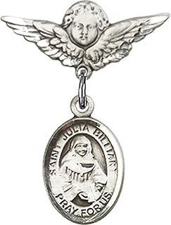 Sterling Silver Baby Badge with St. Julia Billiart Charm and Angel w/Wings Badge Pin 7/8 X 3/4 inches