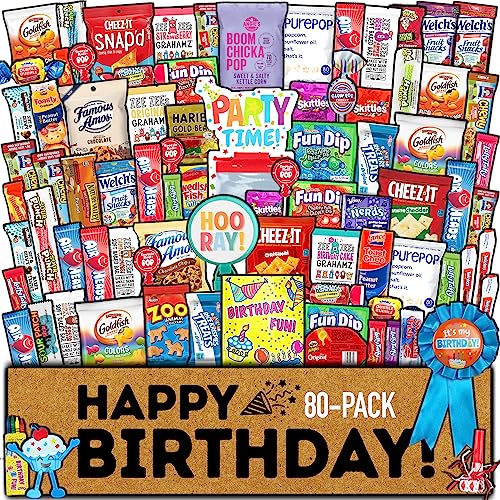 Birthday Care Package (80 Count) Snacks Food Cookies Chocolate Bar Chips Candy Party Variety Gift Box Pack Assortment Basket Bundle Mix Bulk Sampler Treat College Students Kids Teens Office School #TOP10