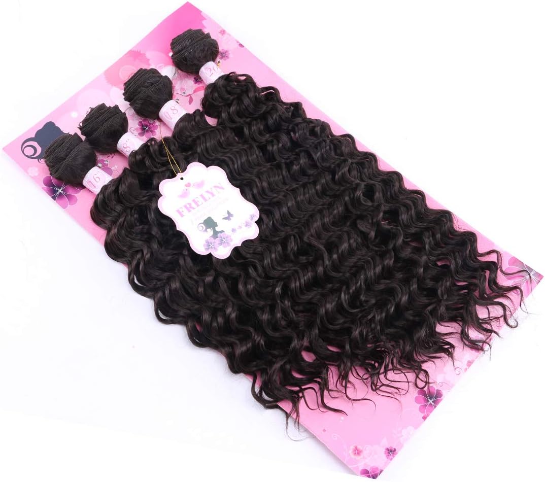 FRELYN Deep Wave Curly Synthetic Hair Weave 4 Bundles Color 2# (16 18 18 20 Inch Mixed), Soft Heat Resistat synthetc Hair Looks Natural