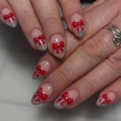 24pcs Christmas Press on Nails Short Almond - Silver Glitter