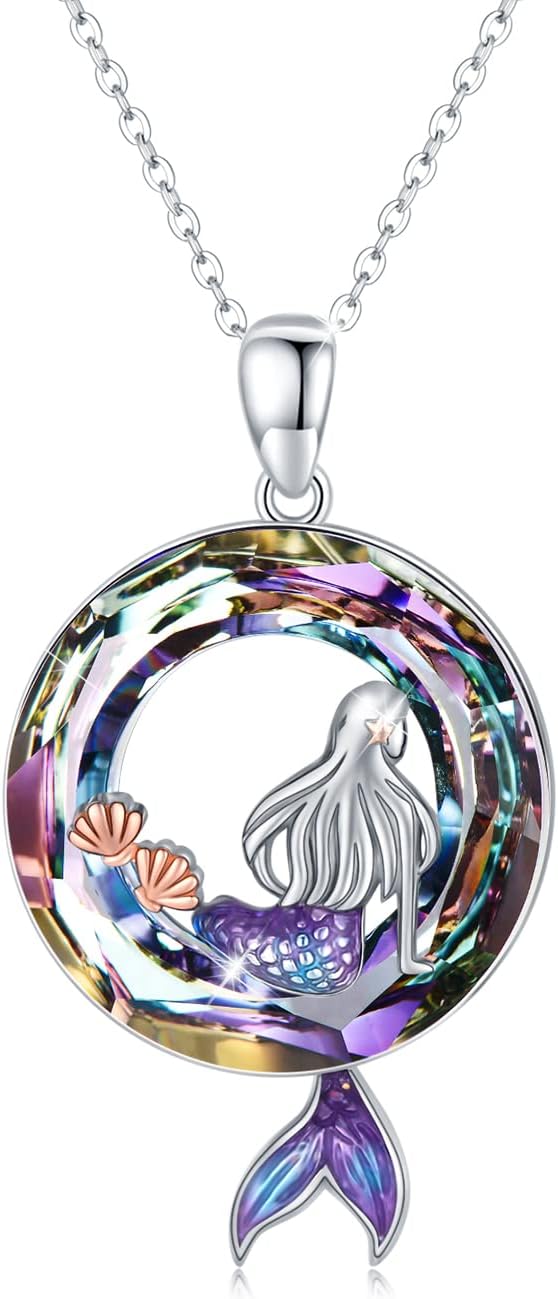 Mermaid Necklaces Round Shape Crystal Ocean Pendant Necklace Dainty Sterling Silver Starfish Beach Cute Jewelry Gifts for Women with Gift Box