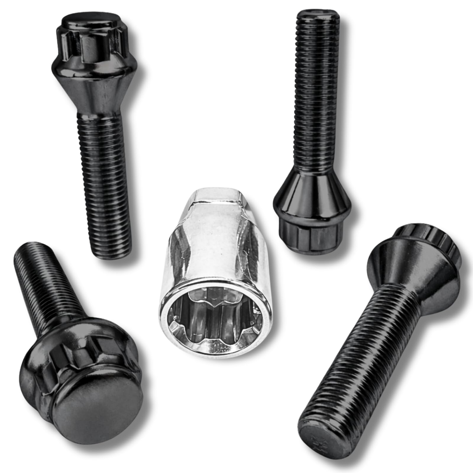 Lot de 4 écrous de jante M12 x 1,5 x 40 mm - Cône 60° - 4 serrures de jante noires - Sécurité anti-vol - Protection contre le vol