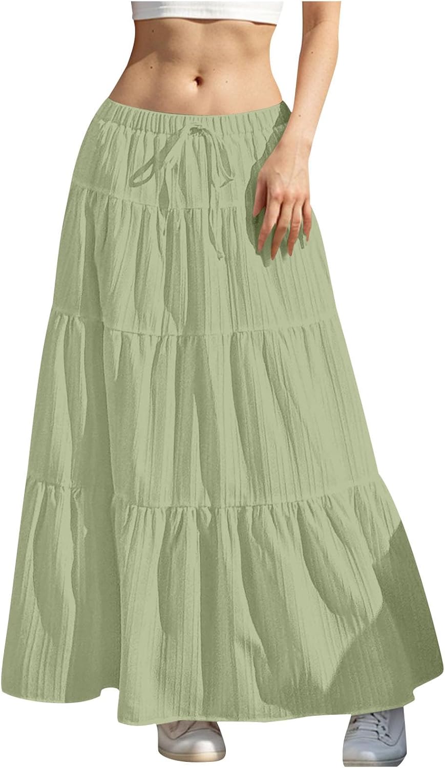 Maxi Skirts for Women 2026 Textured Tiered Elastic Waist Soft A-Line Skirt Casual Daily Travel Flowy Summer Skirts